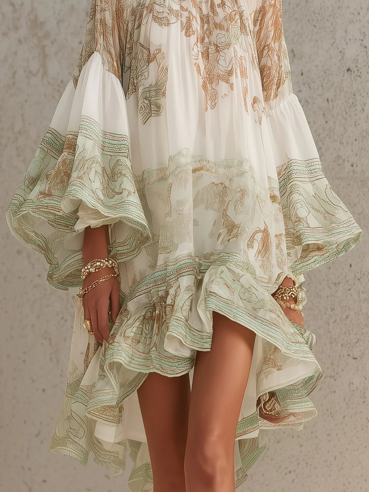 Elegant Green Printed Kaftan Mini Dress for Women with High Neck Bell Sleeve Ruffle Hem Flowing Bohemian Style