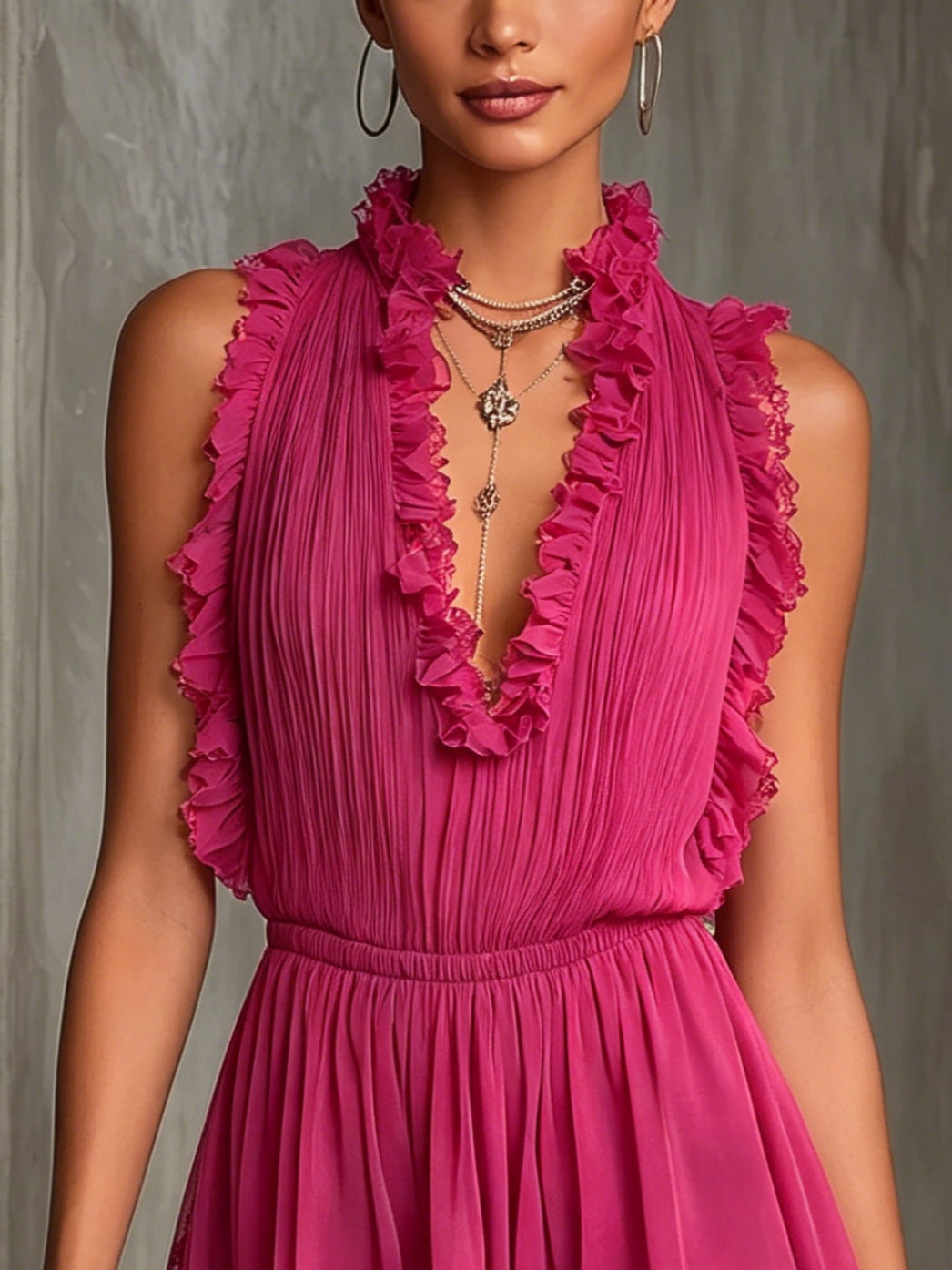 Effortless Fuchsia Chiffon Romper for Women with V Neck Sleeveless Ruffle Lace Trim Flowing Style