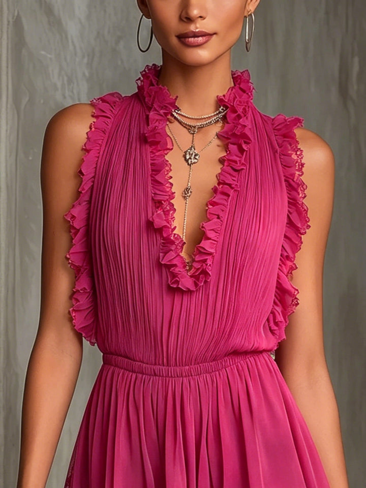 Effortless Fuchsia Chiffon Romper for Women with V Neck Sleeveless Ruffle Lace Trim Flowing Style
