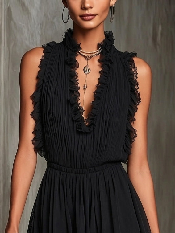Elegant Black Chiffon Playsuit for Women with Deep V Neck Sleeveless Ruffle Lace Trim Flowing Style