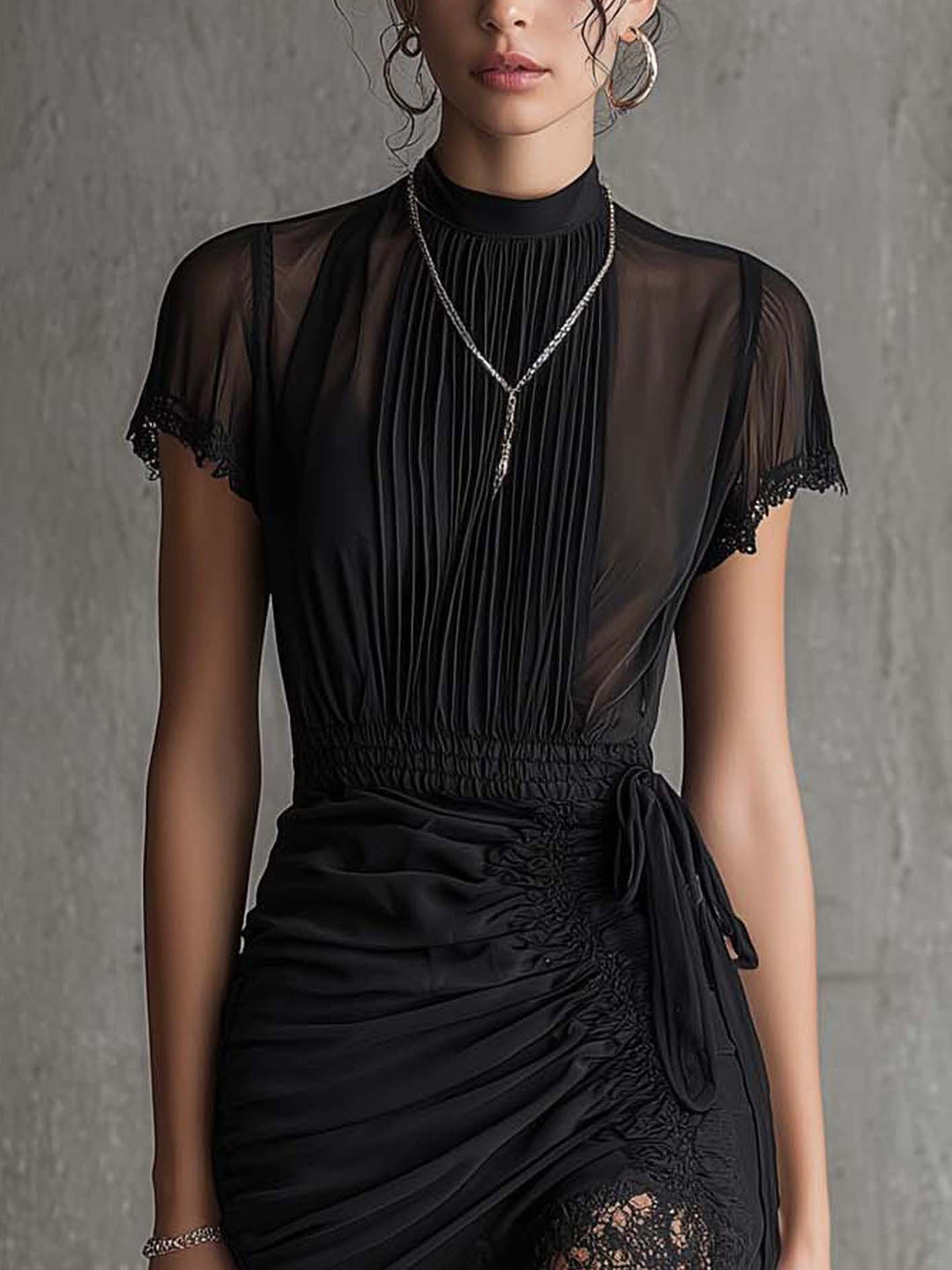 Elegant Black Mesh Midi Dress for Women with High Neck Flutter Sleeve Ruched Lace Hem Cocktail Style