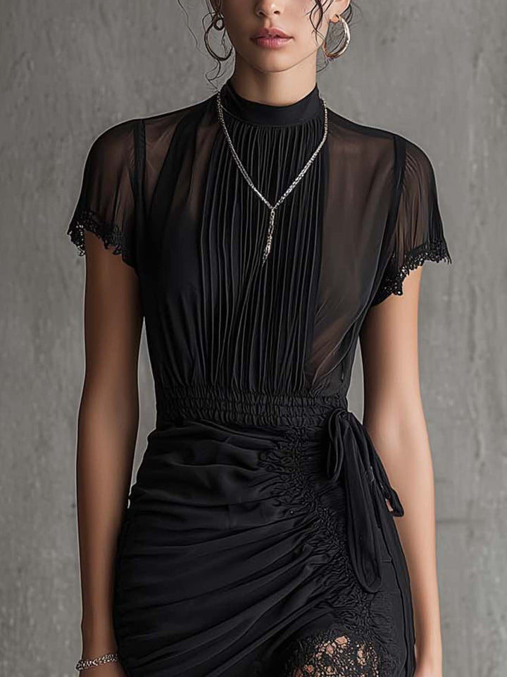 Elegant Black Mesh Midi Dress for Women with High Neck Flutter Sleeve Ruched Lace Hem Cocktail Style