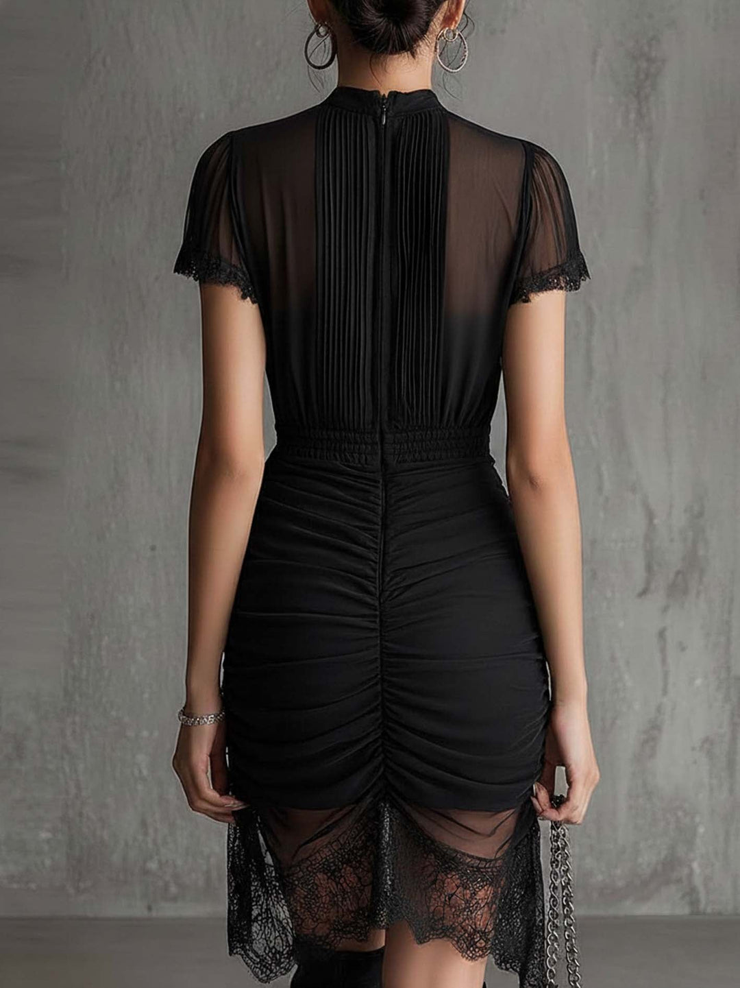 Elegant Black Mesh Midi Dress for Women with High Neck Flutter Sleeve Ruched Lace Hem Cocktail Style
