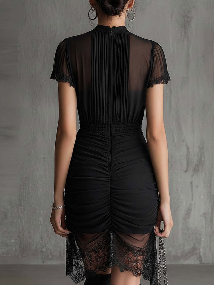 Elegant Black Mesh Midi Dress for Women with High Neck Flutter Sleeve Ruched Lace Hem Cocktail Style