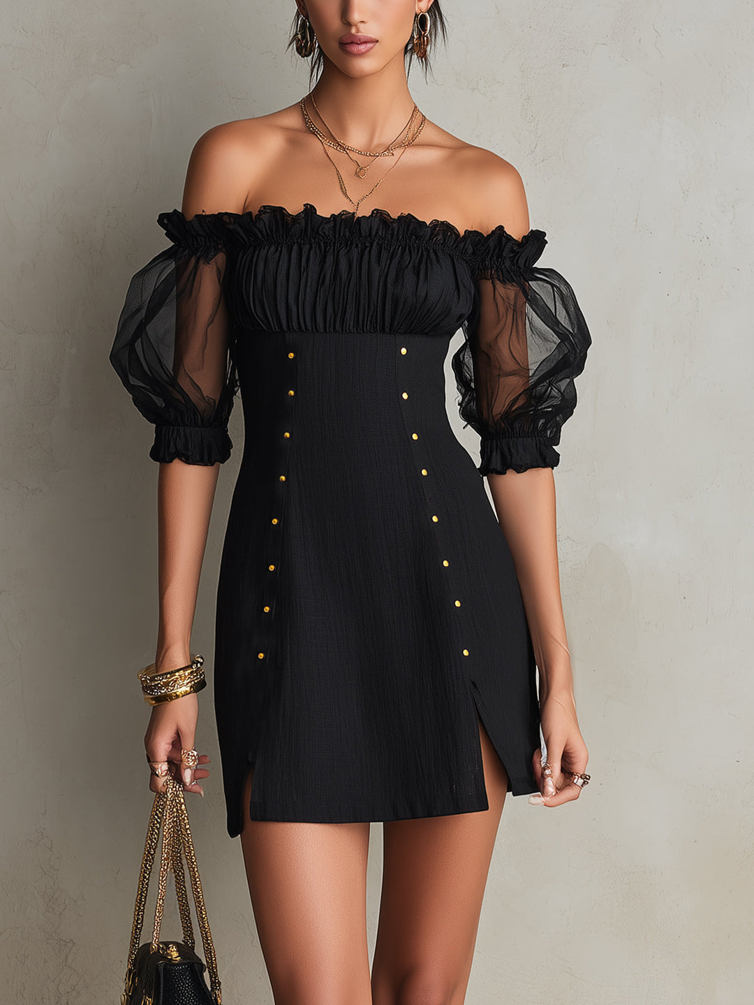 Elegant Black Mini Dress for Women with Off Shoulder Puff Sleeve Ruched Studded High Slit Cocktail Style