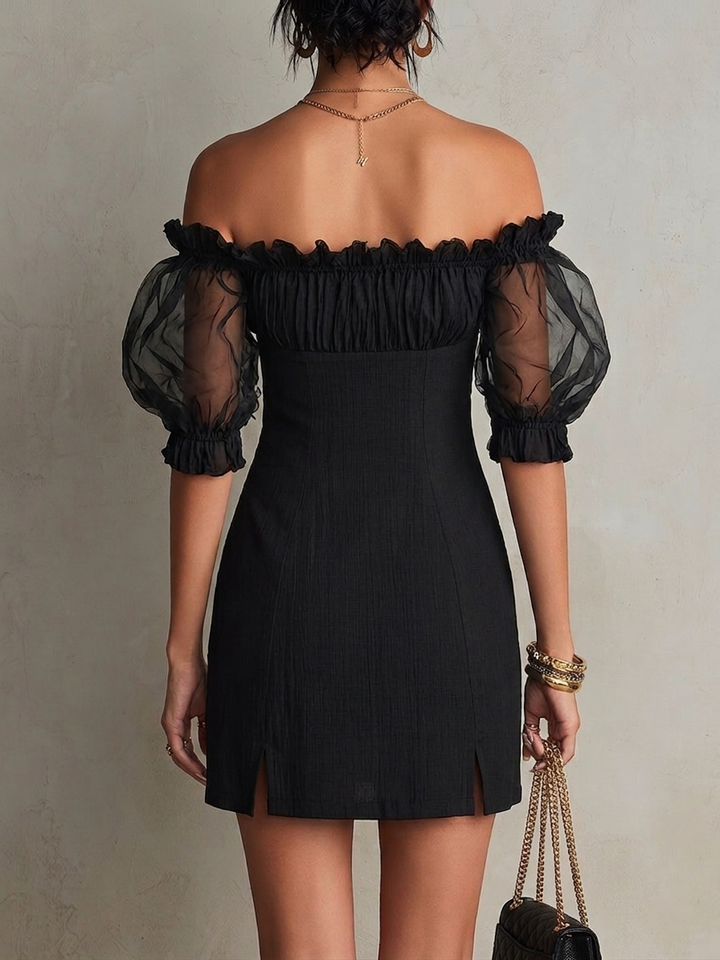 Elegant Black Mini Dress for Women with Off Shoulder Puff Sleeve Ruched Studded High Slit Cocktail Style