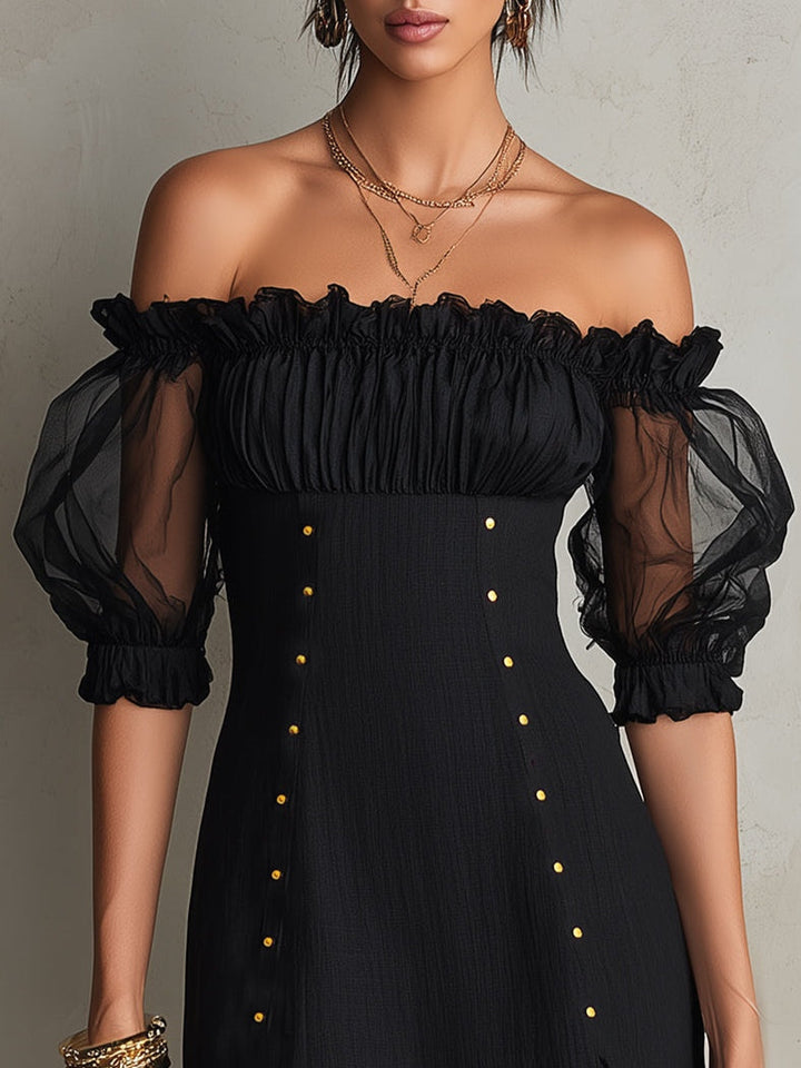 Elegant Black Mini Dress for Women with Off Shoulder Puff Sleeve Ruched Studded High Slit Cocktail Style