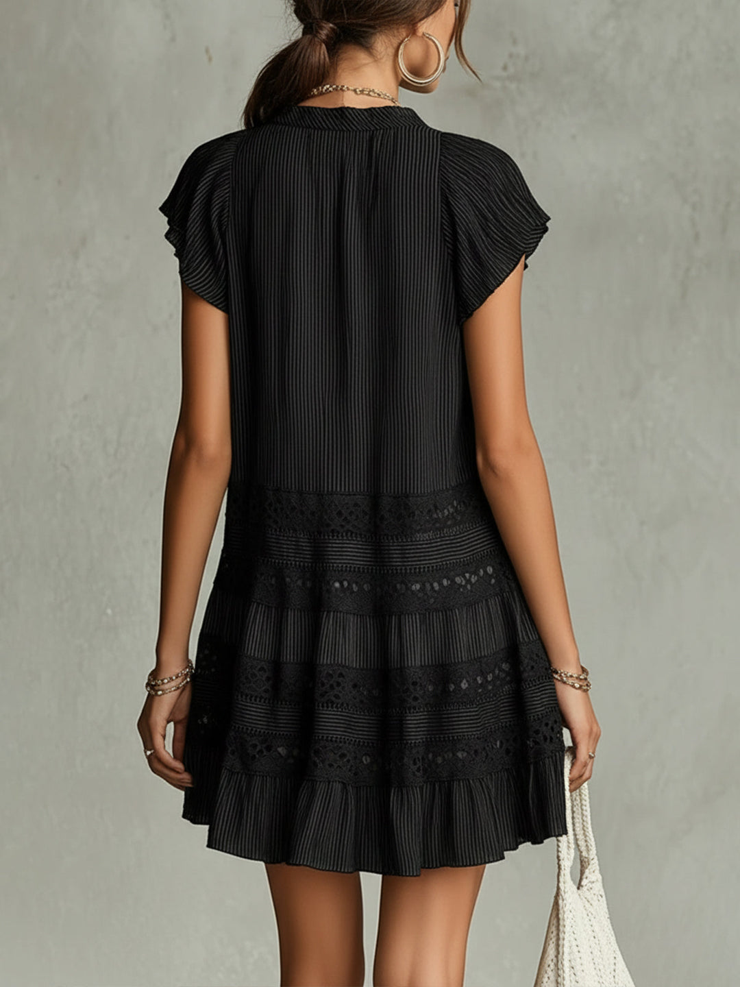Effortless Black Lace Mini Dress for Women with Split Neck Flutter Sleeve Tiered Ruffle Hem Bohemian Style
