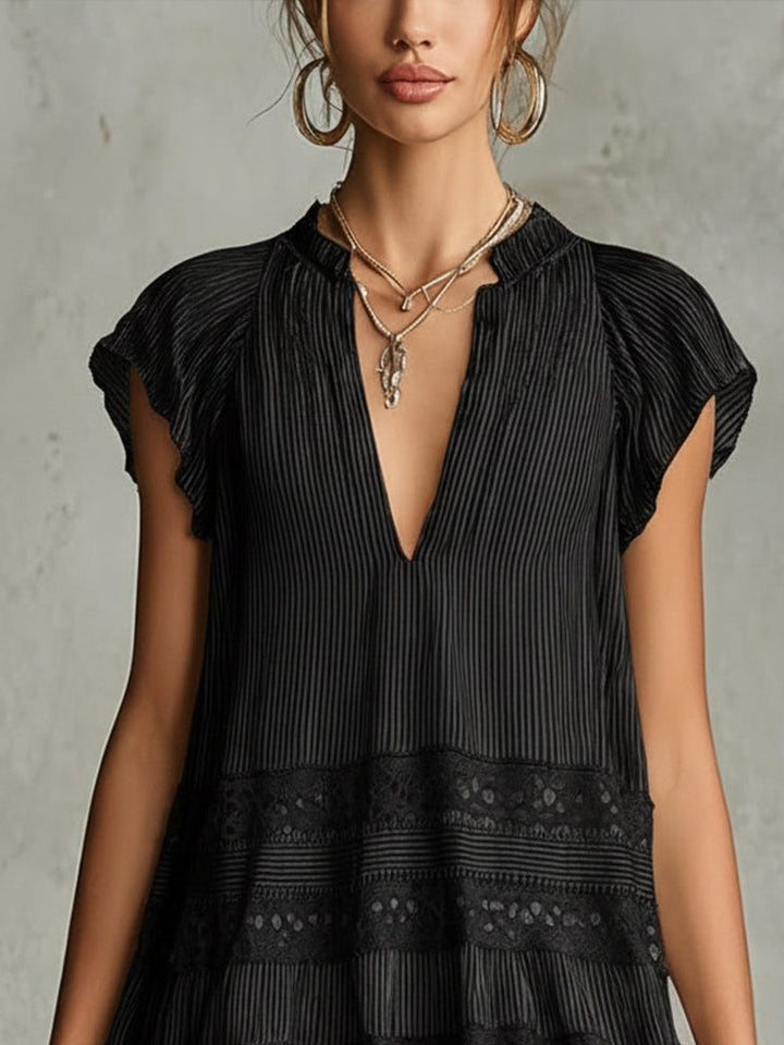 Effortless Black Lace Mini Dress for Women with Split Neck Flutter Sleeve Tiered Ruffle Hem Bohemian Style