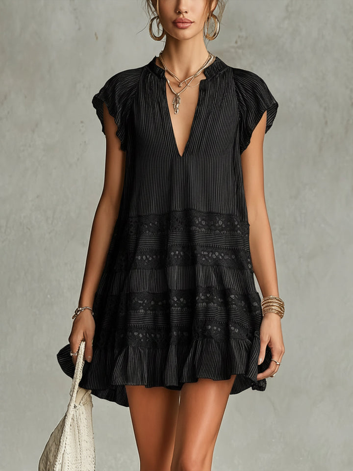 Effortless Black Lace Mini Dress for Women with Split Neck Flutter Sleeve Tiered Ruffle Hem Bohemian Style