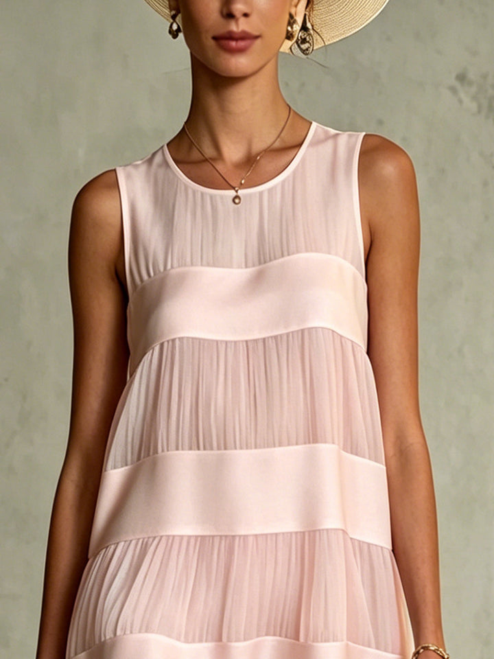 Elegant Light Pink Chiffon Mini Dress for Women with Round Neck Sleeveless Tiered Ruffle Flowing Style