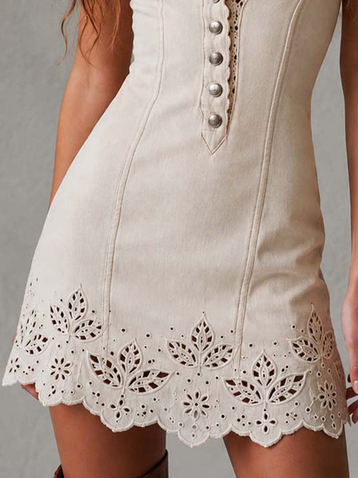 Elegant Ivory Denim Mini Dress for Women with V Neck Sleeveless Crochet Lace Trim Bohemian Style
