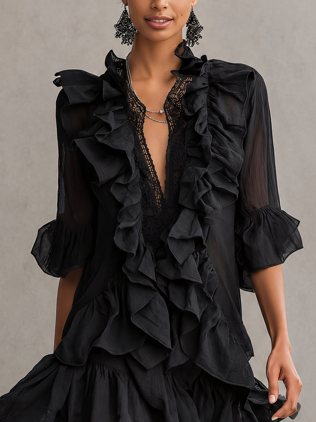 Elegant Black Ruffle Mini Dress for Women with V Neck Bell Sleeve Lace Trim Flowing Style