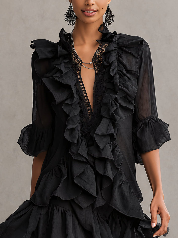Elegant Black Ruffle Mini Dress for Women with V Neck Bell Sleeve Lace Trim Flowing Style