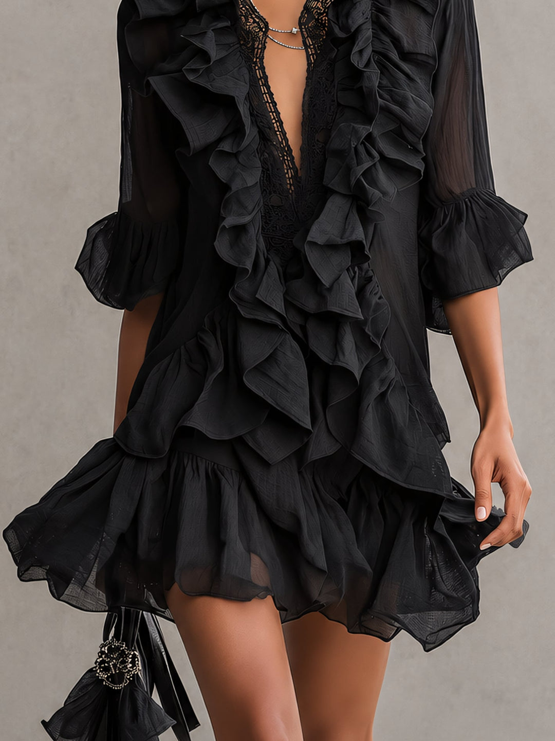 Elegant Black Ruffle Mini Dress for Women with V Neck Bell Sleeve Lace Trim Flowing Style