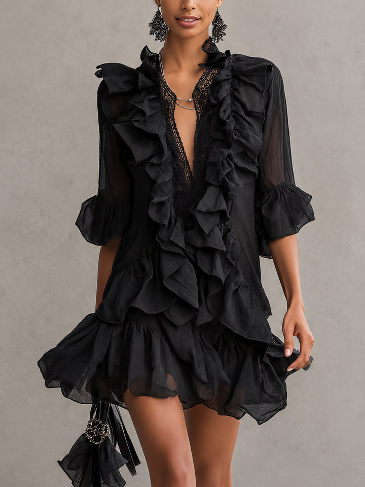 Elegant Black Ruffle Mini Dress for Women with V Neck Bell Sleeve Lace Trim Flowing Style