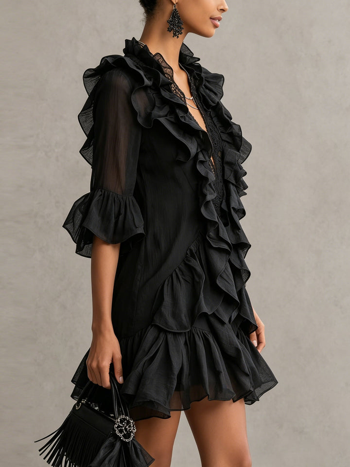 Elegant Black Ruffle Mini Dress for Women with V Neck Bell Sleeve Lace Trim Flowing Style