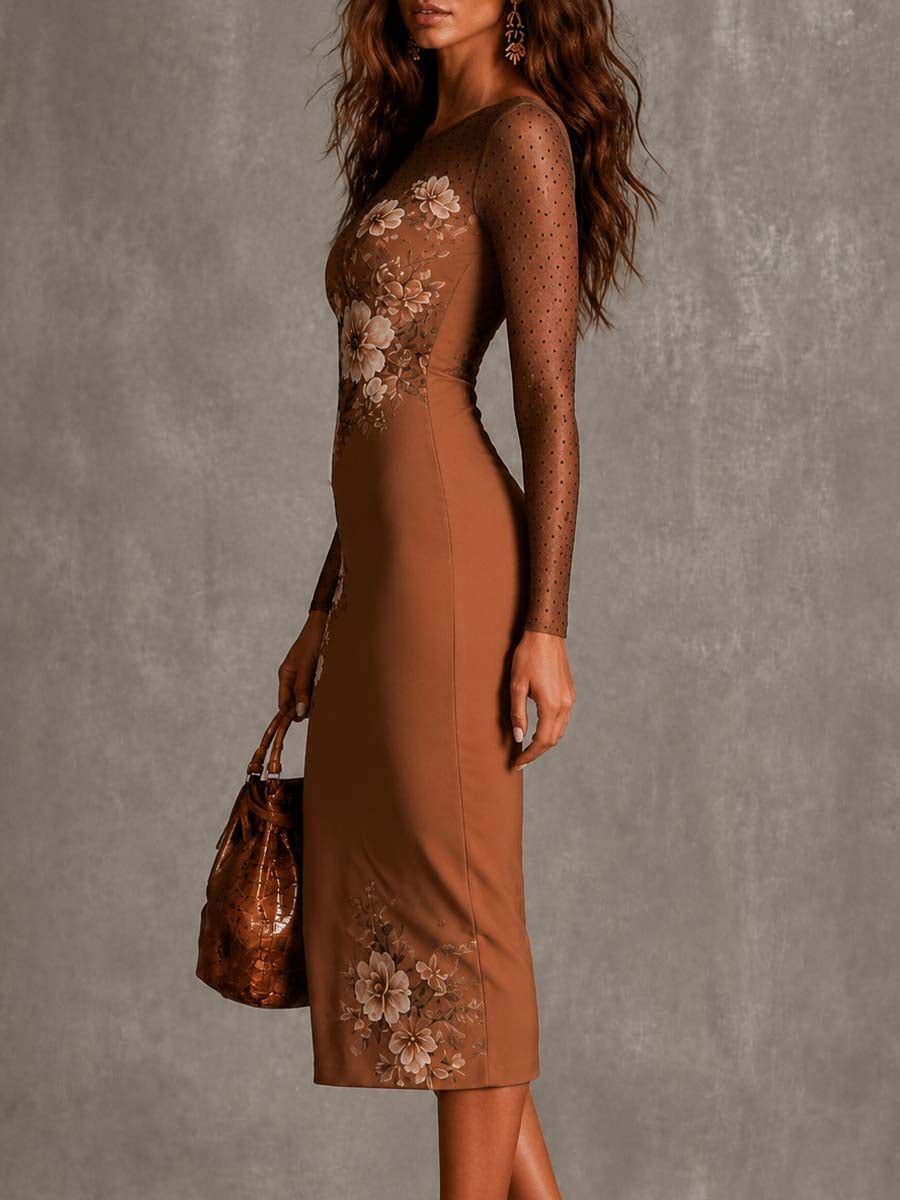 Elegant Brown Floral Mesh Midi Dress for Women with Round Neck Long Sleeve Bodycon Sheer Cocktail Style