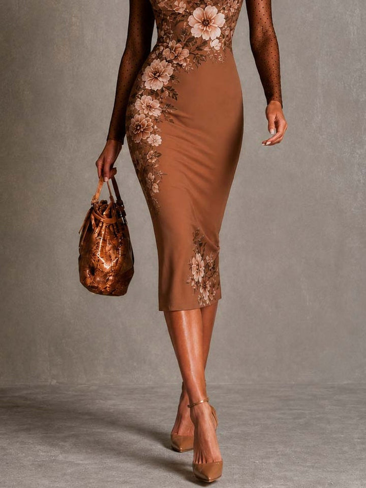 Elegant Brown Floral Mesh Midi Dress for Women with Round Neck Long Sleeve Bodycon Sheer Cocktail Style