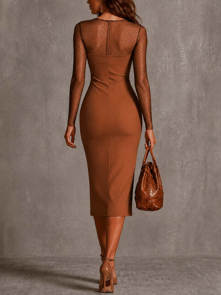 Elegant Brown Floral Mesh Midi Dress for Women with Round Neck Long Sleeve Bodycon Sheer Cocktail Style