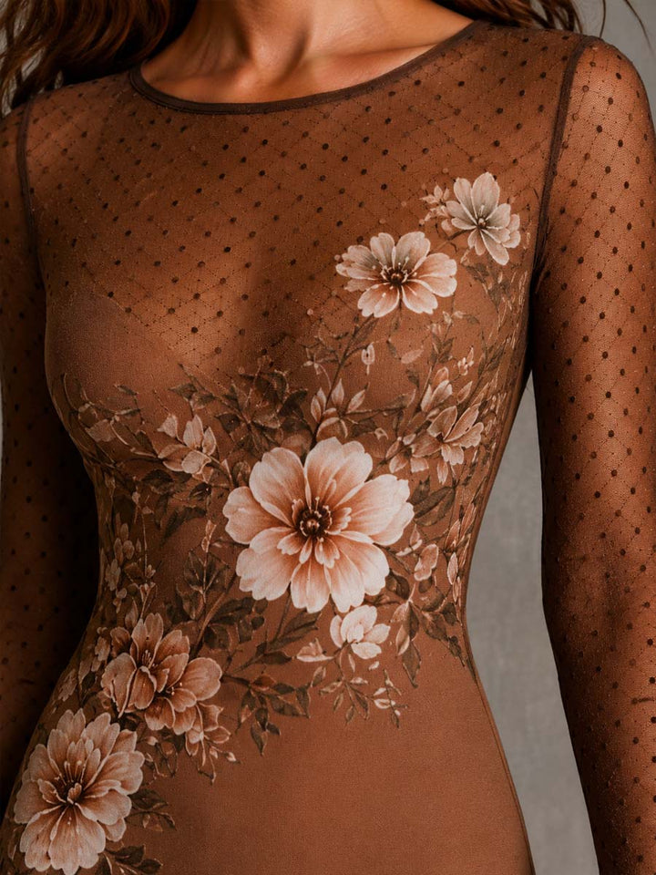 Elegant Brown Floral Mesh Midi Dress for Women with Round Neck Long Sleeve Bodycon Sheer Cocktail Style