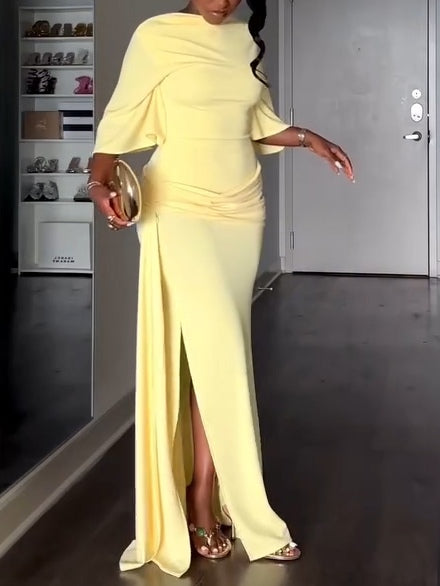 Elegant Yellow Maxi Dress for Women with High Neck Batwing Sleeve Backless Slit Style