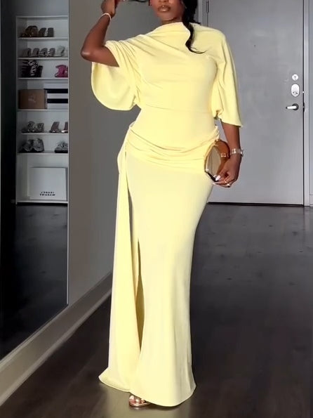 Elegant Yellow Maxi Dress for Women with High Neck Batwing Sleeve Backless Slit Style