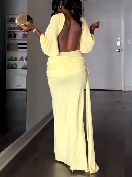 Elegant Yellow Maxi Dress for Women with High Neck Batwing Sleeve Backless Slit Style