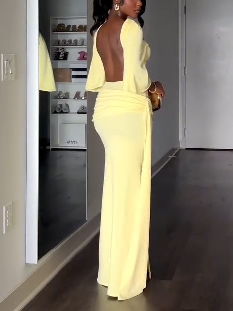 Elegant Yellow Maxi Dress for Women with High Neck Batwing Sleeve Backless Slit Style