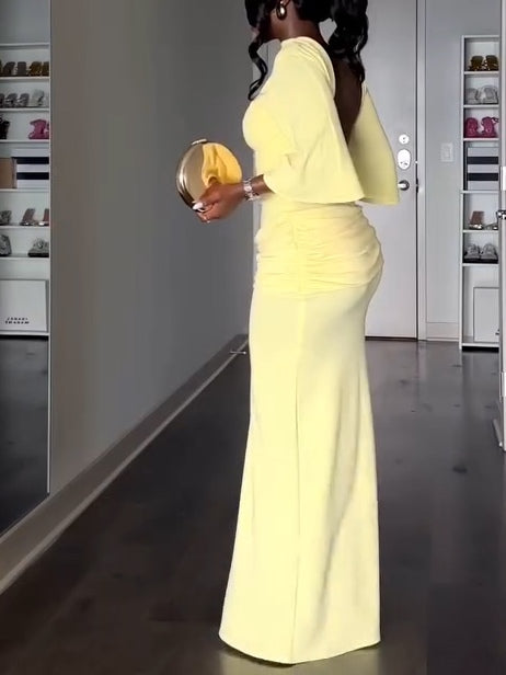 Elegant Yellow Maxi Dress for Women with High Neck Batwing Sleeve Backless Slit Style