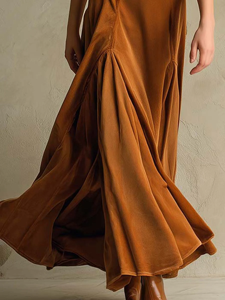 Elegant Velvet Maxi Dress for Women with Notch Collar Elbow Sleeve Button Front Flared Vintage Style