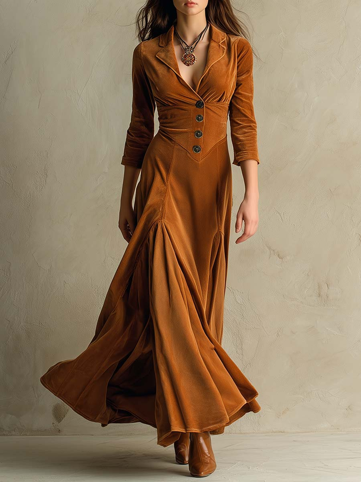 Elegant Velvet Maxi Dress for Women with Notch Collar Elbow Sleeve Button Front Flared Vintage Style