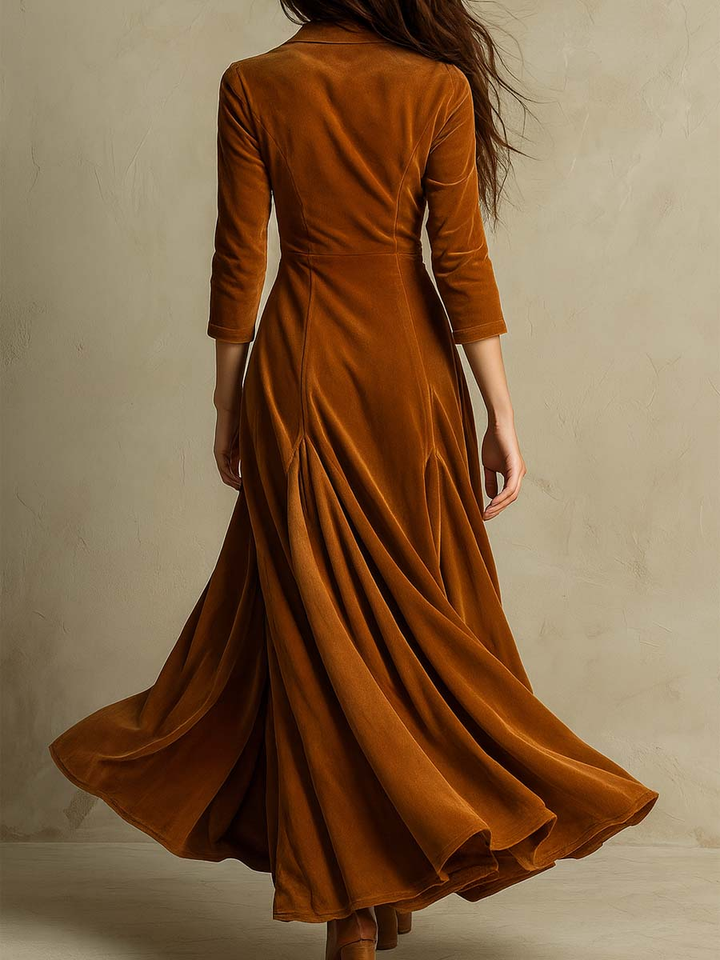 Elegant Velvet Maxi Dress for Women with Notch Collar Elbow Sleeve Button Front Flared Vintage Style