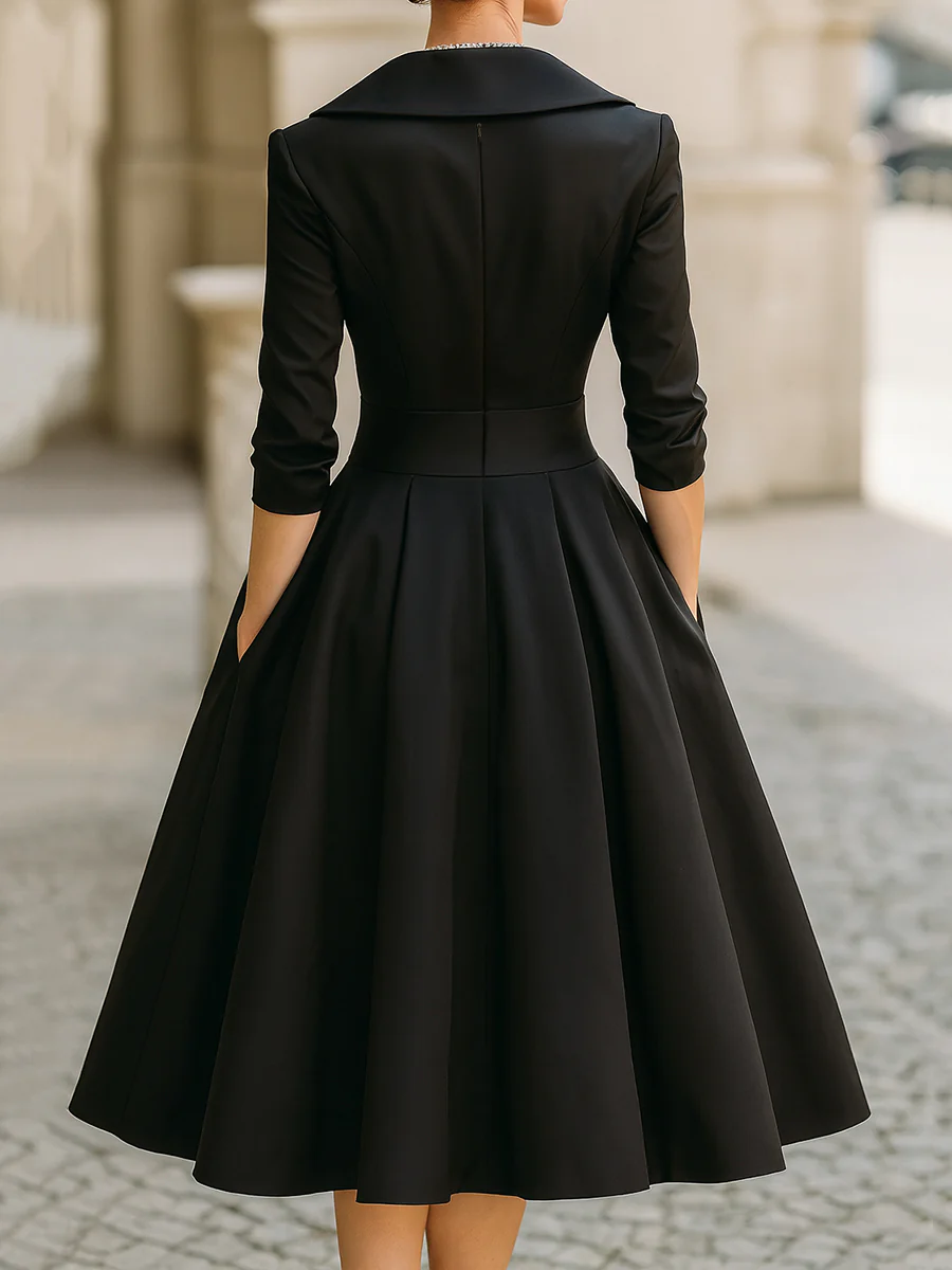 Elegant Satin Midi Dress for Women with Shawl Collar Elbow Sleeve Pleated A Line Cocktail Style