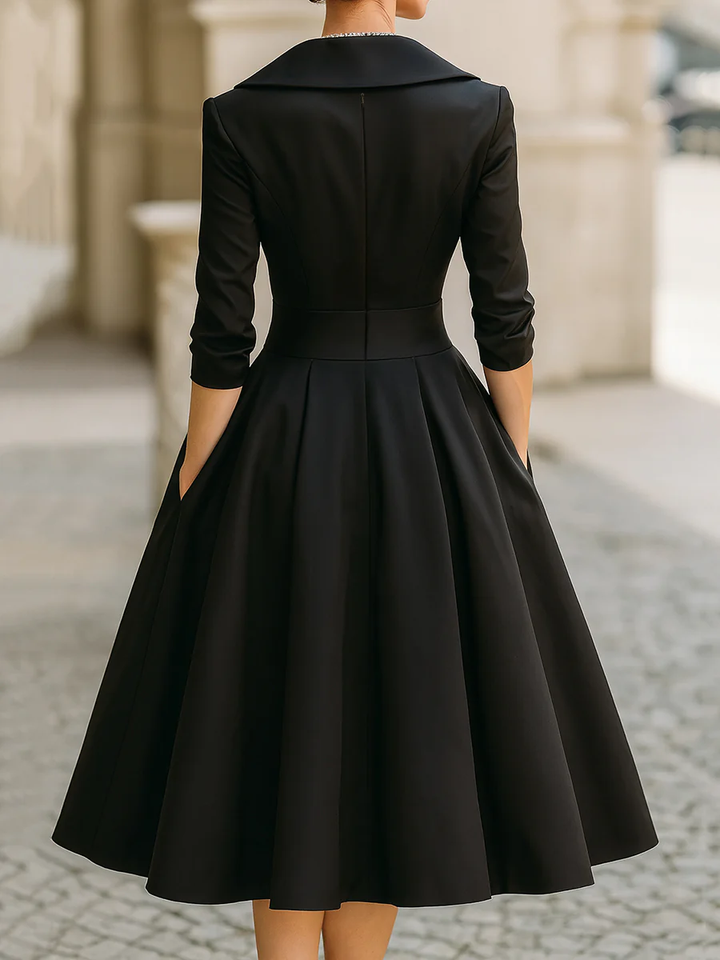 Elegant Satin Midi Dress for Women with Shawl Collar Elbow Sleeve Pleated A Line Cocktail Style