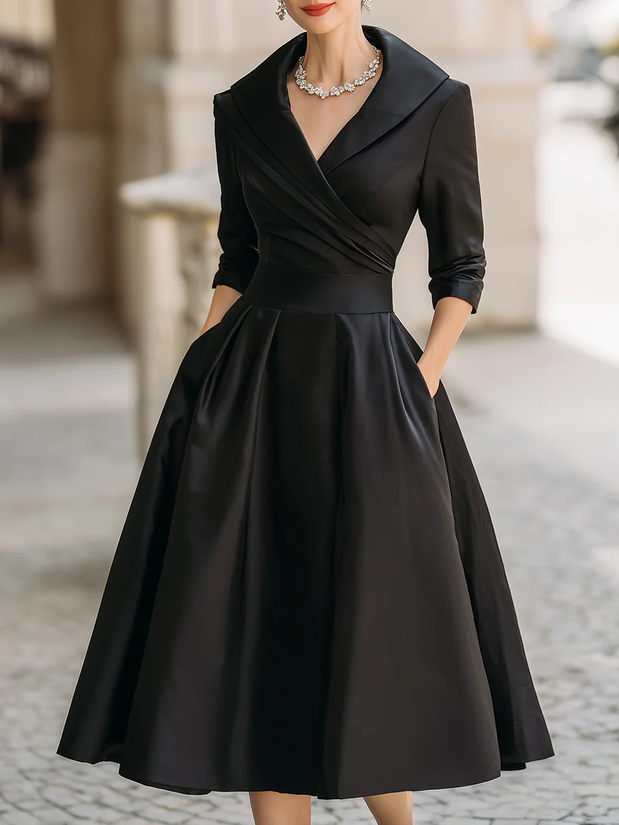 Elegant Satin Midi Dress for Women with Shawl Collar Elbow Sleeve Pleated A Line Cocktail Style