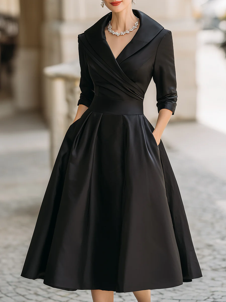 Elegant Satin Midi Dress for Women with Shawl Collar Elbow Sleeve Pleated A Line Cocktail Style