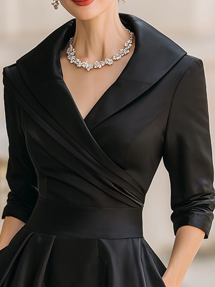Elegant Satin Midi Dress for Women with Shawl Collar Elbow Sleeve Pleated A Line Cocktail Style