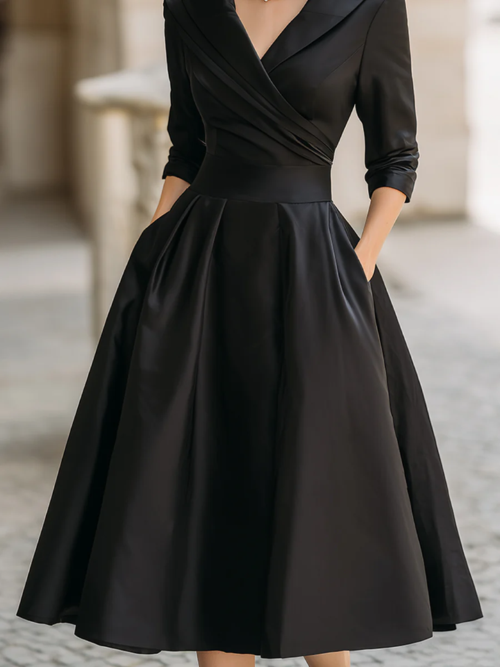 Elegant Satin Midi Dress for Women with Shawl Collar Elbow Sleeve Pleated A Line Cocktail Style