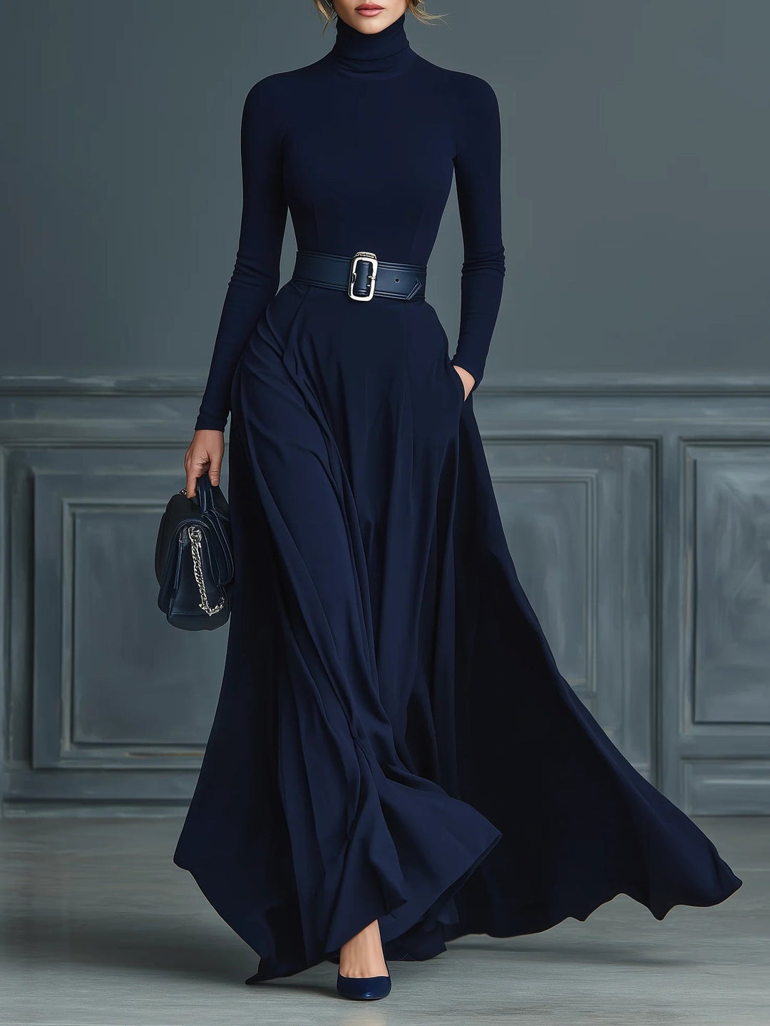 Elegant Dark Blue Maxi Dress for Women with Turtleneck Long Sleeve Belted Flowing Style