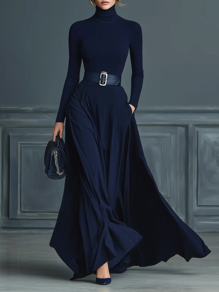 Elegant Dark Blue Maxi Dress for Women with Turtleneck Long Sleeve Belted Flowing Style