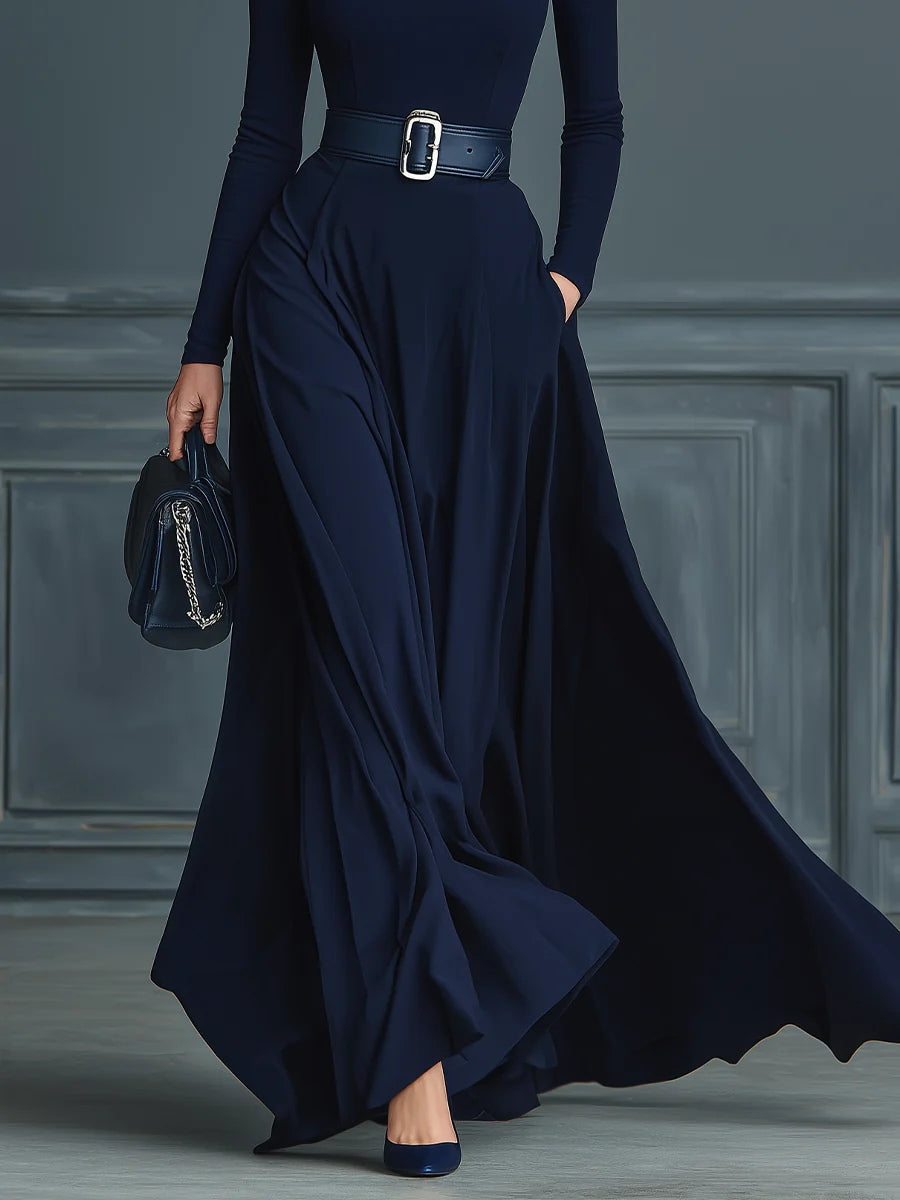 Elegant Dark Blue Maxi Dress for Women with Turtleneck Long Sleeve Belted Flowing Style