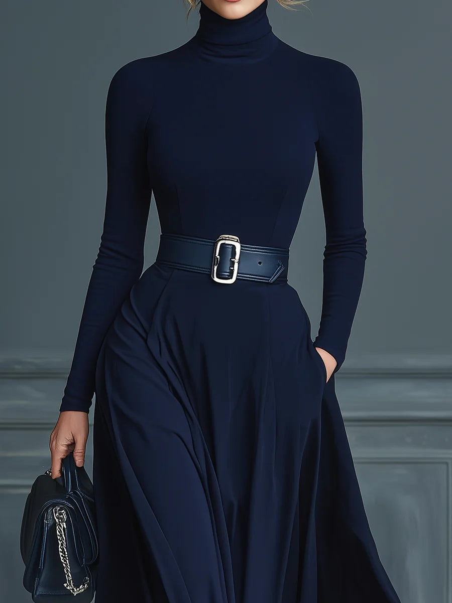 Elegant Dark Blue Maxi Dress for Women with Turtleneck Long Sleeve Belted Flowing Style