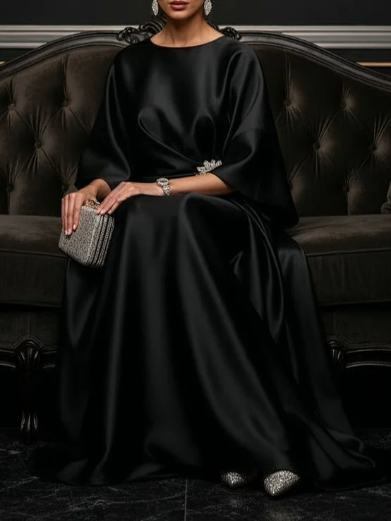 Elegant Satin Maxi Dress for Women with Round Neck Batwing Sleeve Embellished Ruched Flowing Style