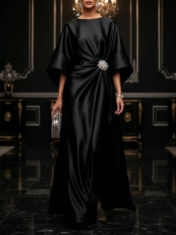 Elegant Satin Maxi Dress for Women with Round Neck Batwing Sleeve Embellished Ruched Flowing Style