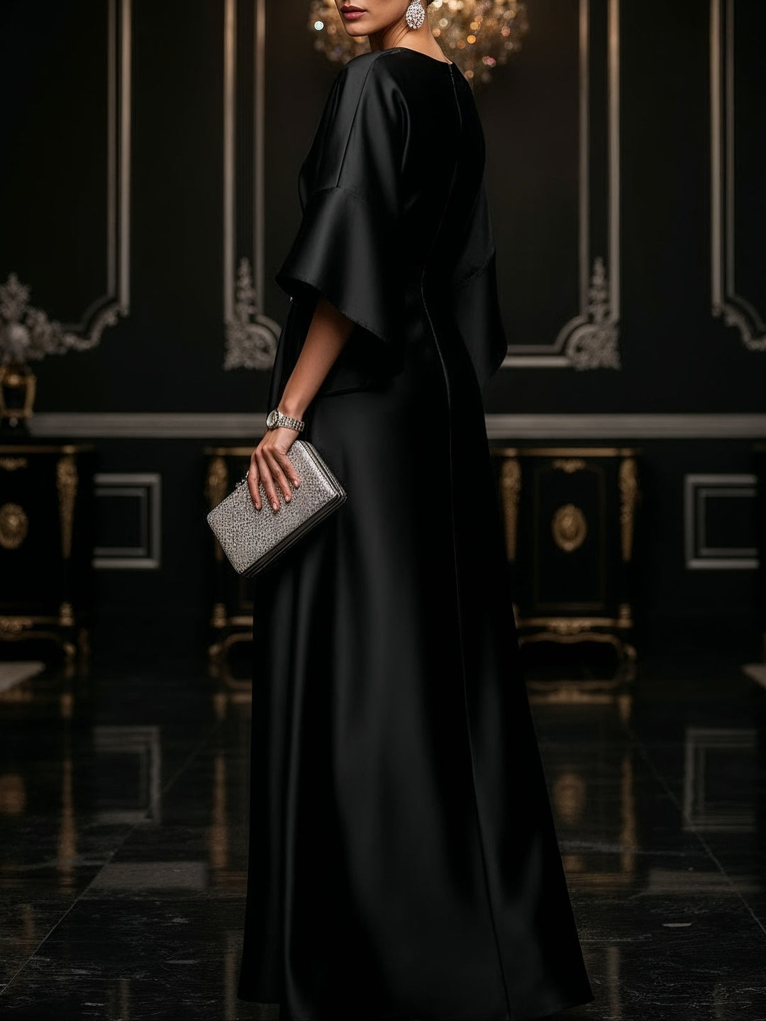 Elegant Satin Maxi Dress for Women with Round Neck Batwing Sleeve Embellished Ruched Flowing Style