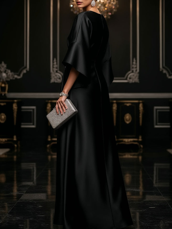 Elegant Satin Maxi Dress for Women with Round Neck Batwing Sleeve Embellished Ruched Flowing Style