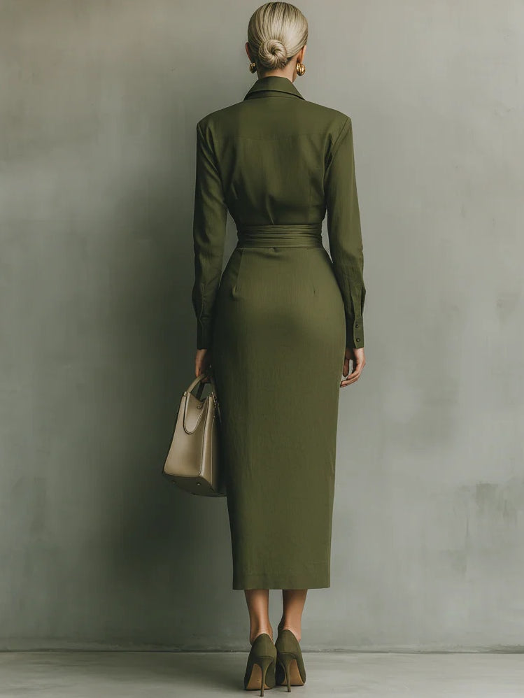 Elegant Army Green Shirt Dress for Women with Collar Long Sleeve Wrap Draped Midi Style
