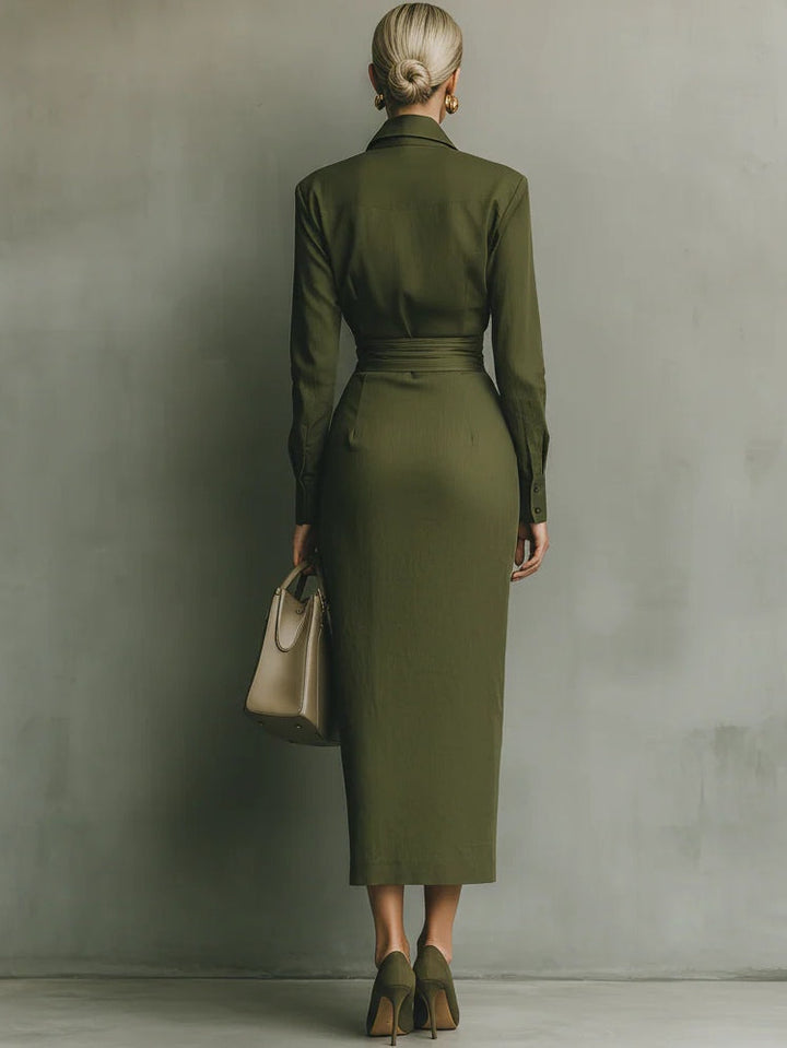 Elegant Army Green Shirt Dress for Women with Collar Long Sleeve Wrap Draped Midi Style