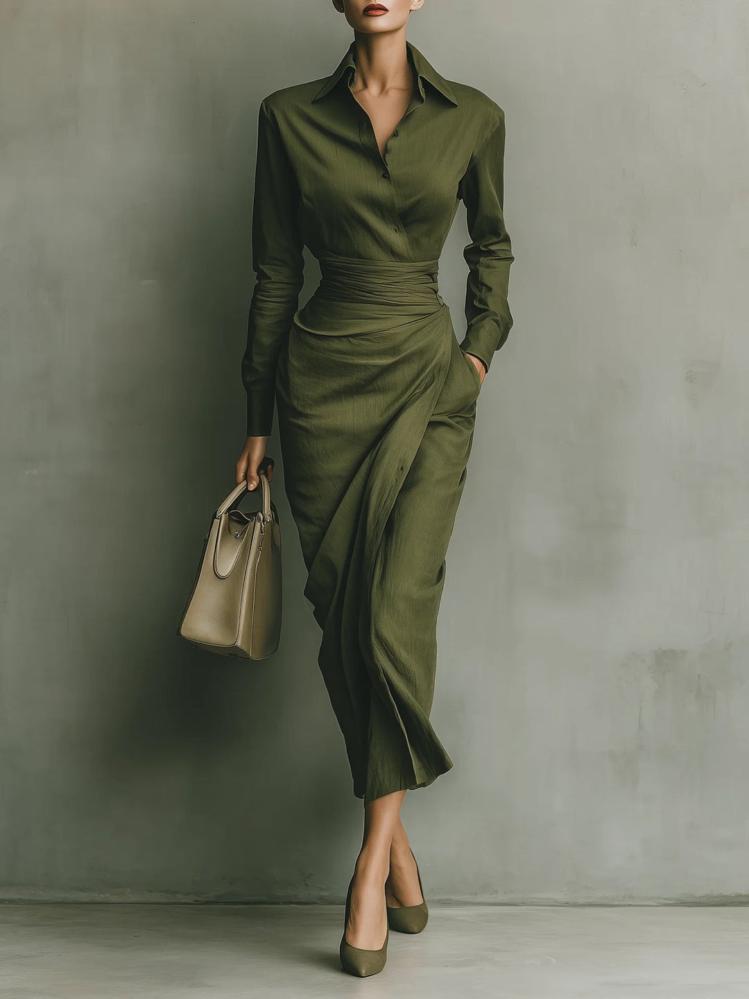 Elegant Army Green Shirt Dress for Women with Collar Long Sleeve Wrap Draped Midi Style